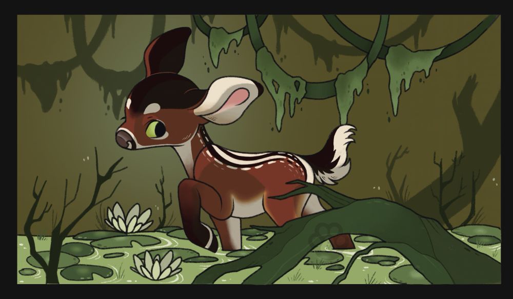 The artwork shows a axis deer wade through a swamp 