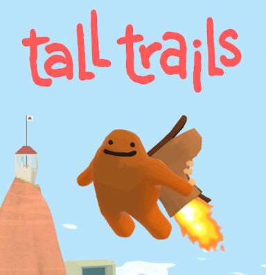 A little golem guy with a big smile is wearing a rocket boot as a jetpack and happily zooming around a weird and wonderful land where objects and gadgets are dotted around the countryside. The title reads "tall trails".