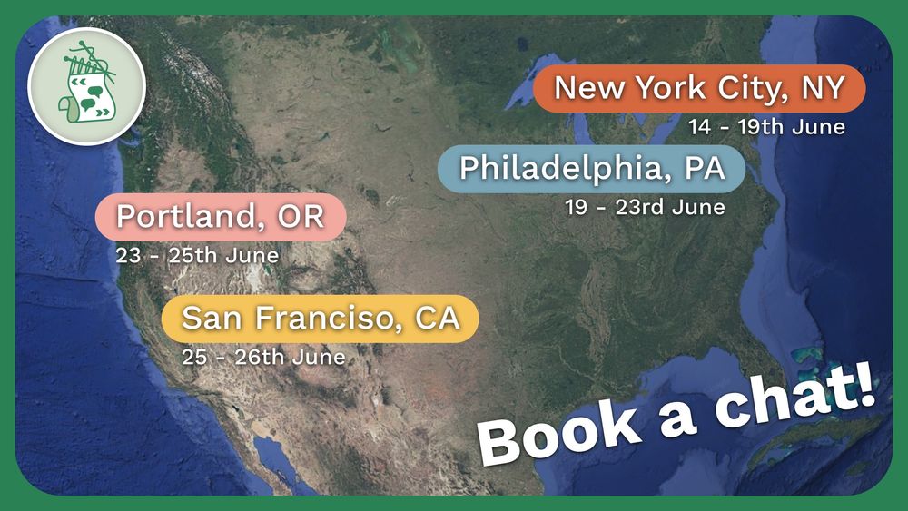 A map of the United States of America is shown, with a logo for Yarn Spinner and a callout that says “book a chat!”, along with a series of map annotations with the following dates. New York City says 14th to 19th June. Philadelphia says 19th to 23rd June. Portland says 23rd to 25th June. San Francisco says 25th and 26th June.