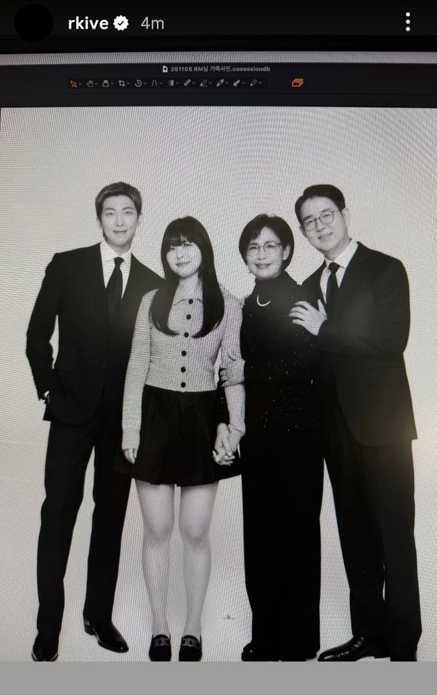 Black and white photo of Kim Namjoon with his sister and parents, posted on his IG stories