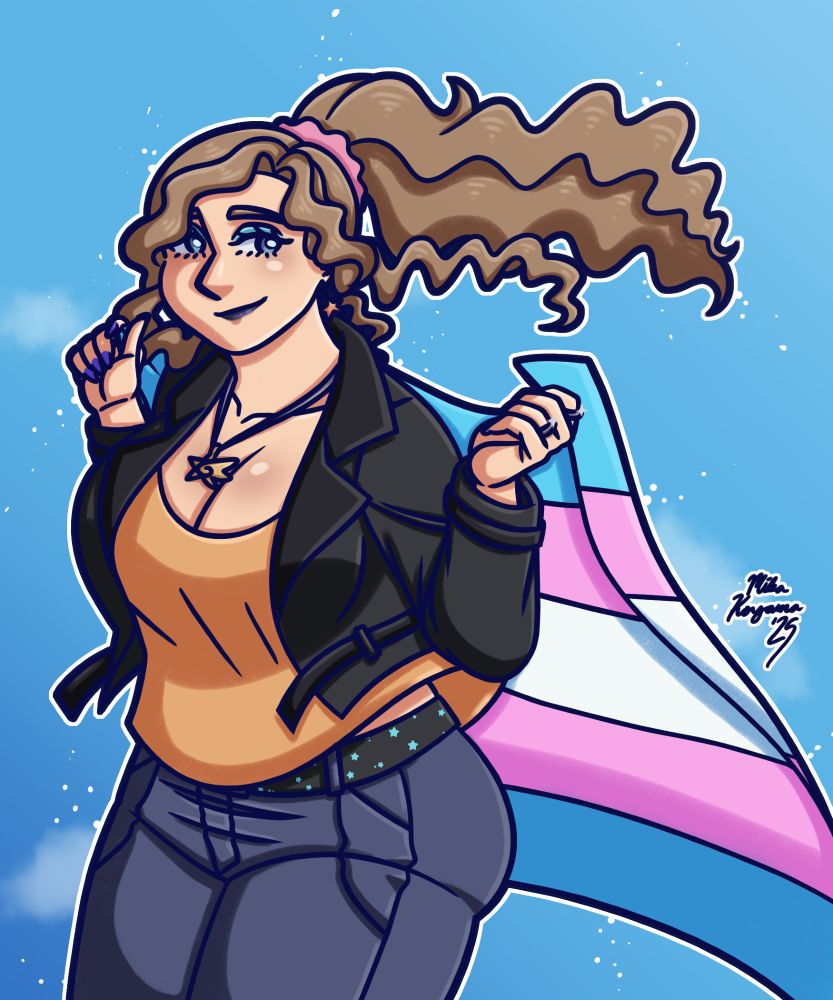 Smiling woman with flowing wavy, dirty blonde ponytail, blue eyes, a short black leather jacket, yellow-orange shirt, blue jeans, and black belt with blue stars on it, holding a transgender flag behind her. She has a pink scrunchie in her hair, light blue eye shadow, dark blue-purple lipstick, purple painted nails, "Wing Star" necklace, yellow star earrings with a reddish-orange gradient at the bottom, and two rings on her hand.