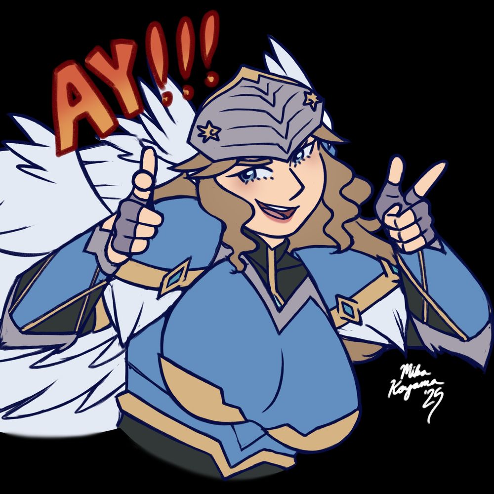 Winged woman doing finger guns in black, blue, and gold armor. "Ay" with three exclamation marks is in large text in the upper left corner; it has a red to orange gradient.
