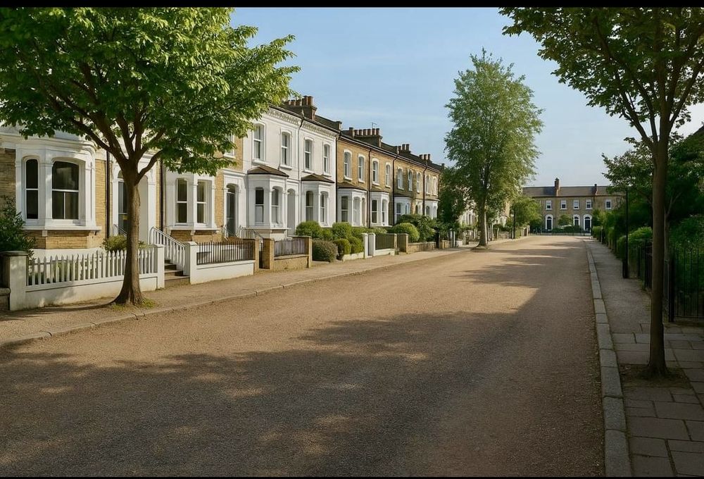 Image of a residential street showing how wide, quiet and clean it is without cars parked in it. 