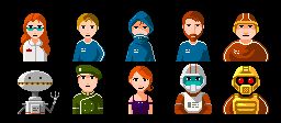 Retratos en pixel art de diez personajes con uniformes futuristas que representan distintos oficios