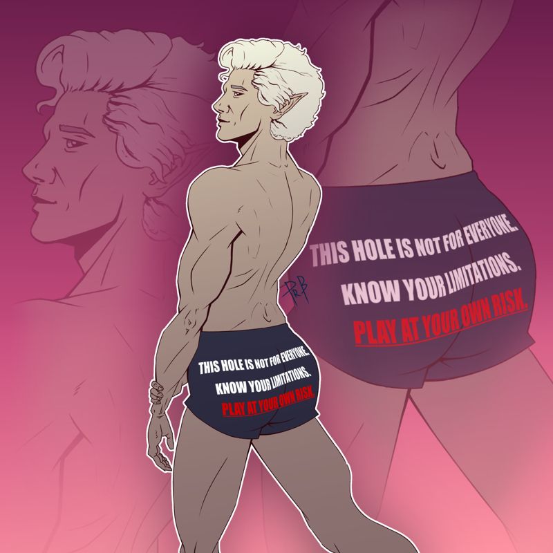 Astarion wearing shorts that read "This hole is not for everyone, know your limitations. Play at your own risk"