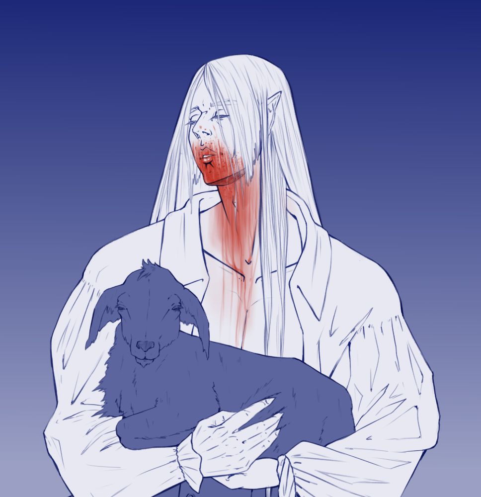 sketch of my vampire OC, Louis du Mont-Caire holding a lamb. he has fresh blood running down his face. rain has soaked the two but not washed away the blood.