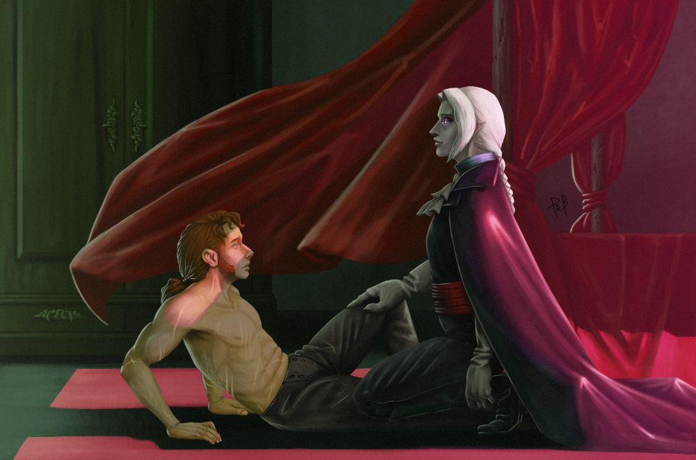 painting of my two OCs, Father Lorcán O'Dwyer and Louis du Mont-Caire.
Lorcán is on the floor shirtless and Louis is kneeling above him. an unnatural red glow shines from an unseen window