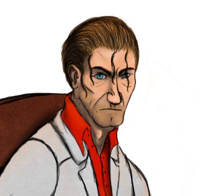 drawing of a very grumpy red-headed man in a silver suit