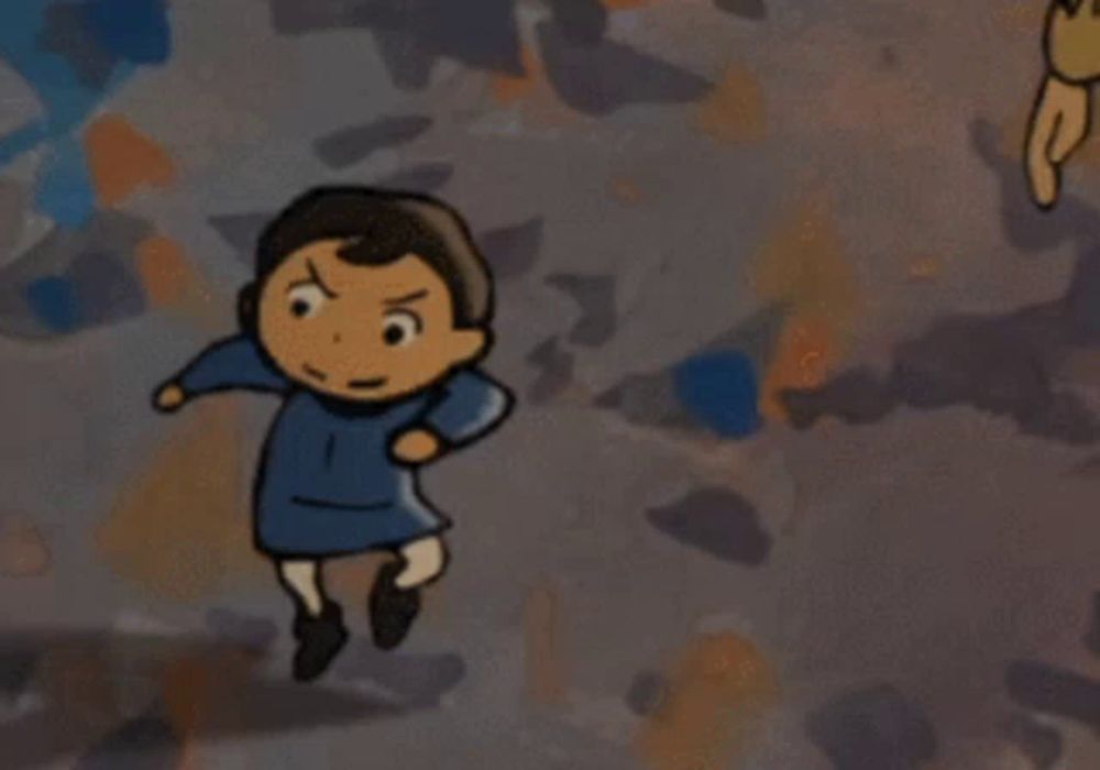 a cartoon of a boy in a blue dress running with an angry look on his face