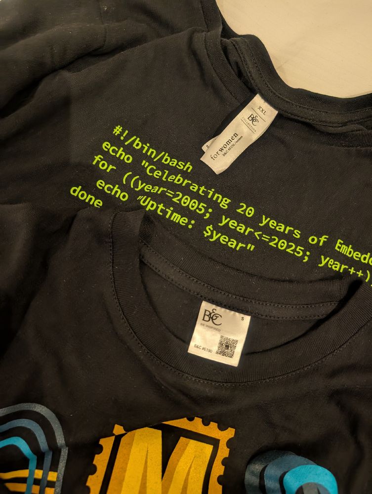 Close up of the shirt tags, one showing B&C E150 for women XXL, the other showing B&C E190 S.