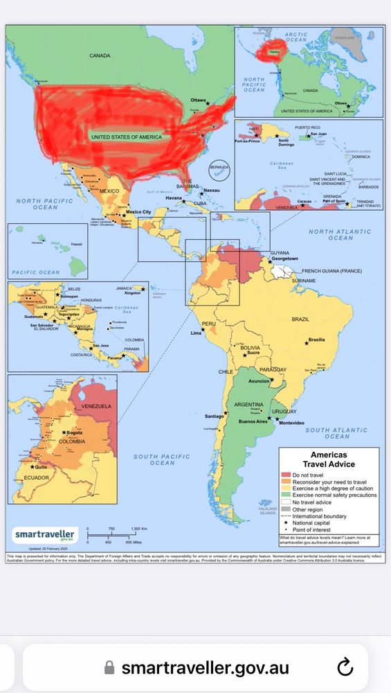 Map of the Americas from Australian Government smarttraveller website. Edited by me to correct USA to 'Do Not Travel'. 