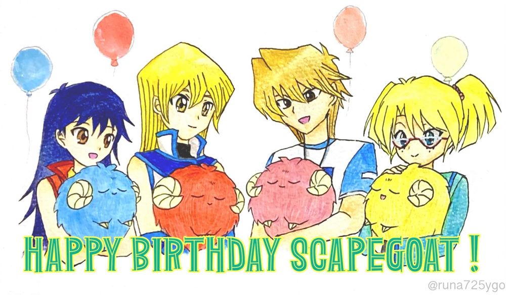 城之内克也、レベッカ・ホプキンス、天上院明日香、早乙女レイ、スケープ・ゴートのイラスト