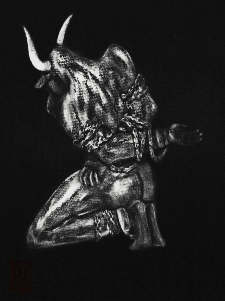 A minotaur kneeling in shackles and chains