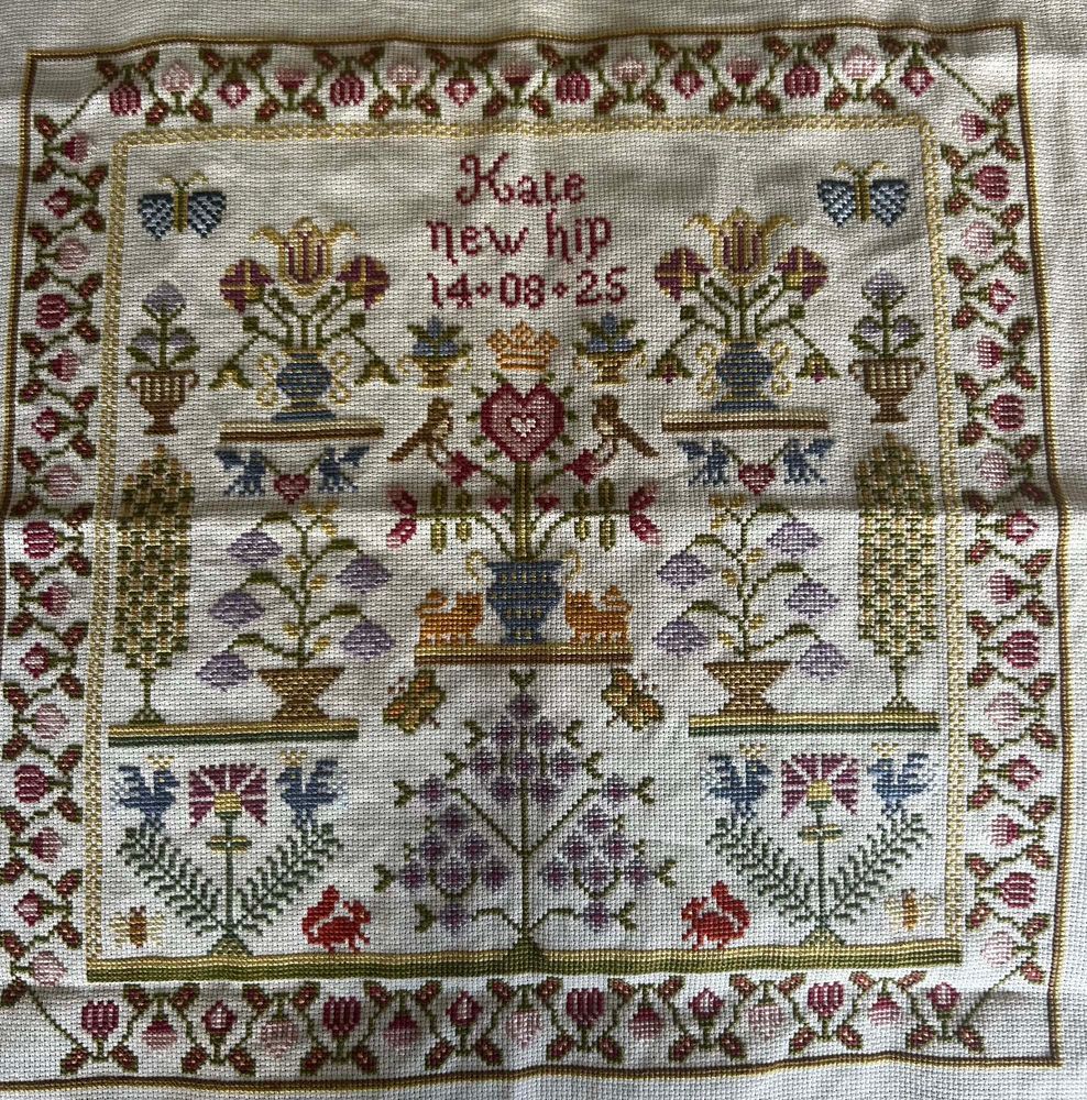 A photograph of the completed cross stitched sampler featuring sampler featuring a variety of multicoloured flowers and birds with a floral border