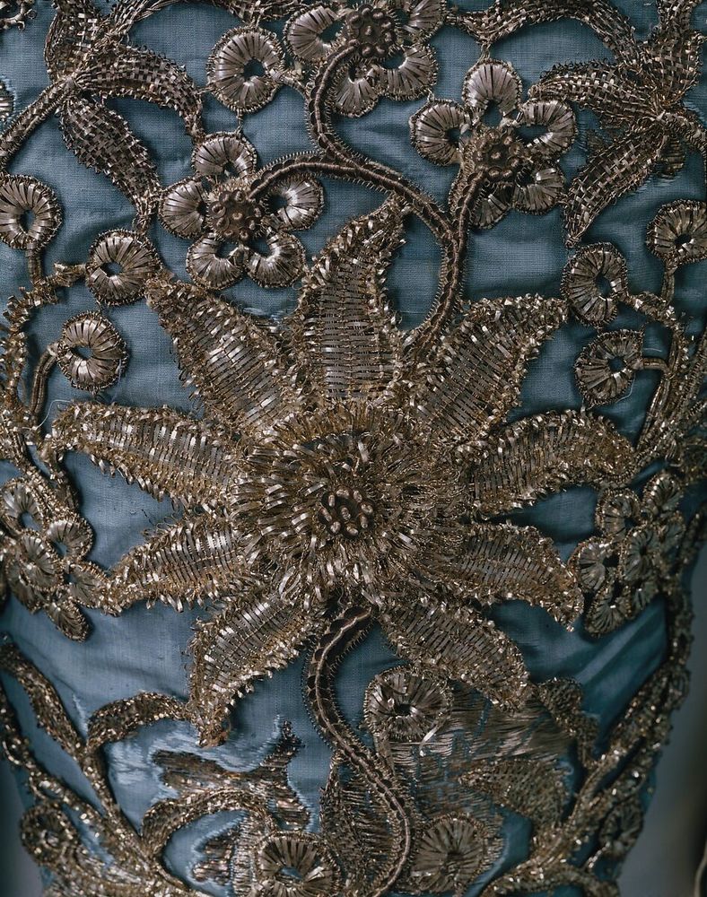Detail of the silver embroidery covering the stomacher of the court gown