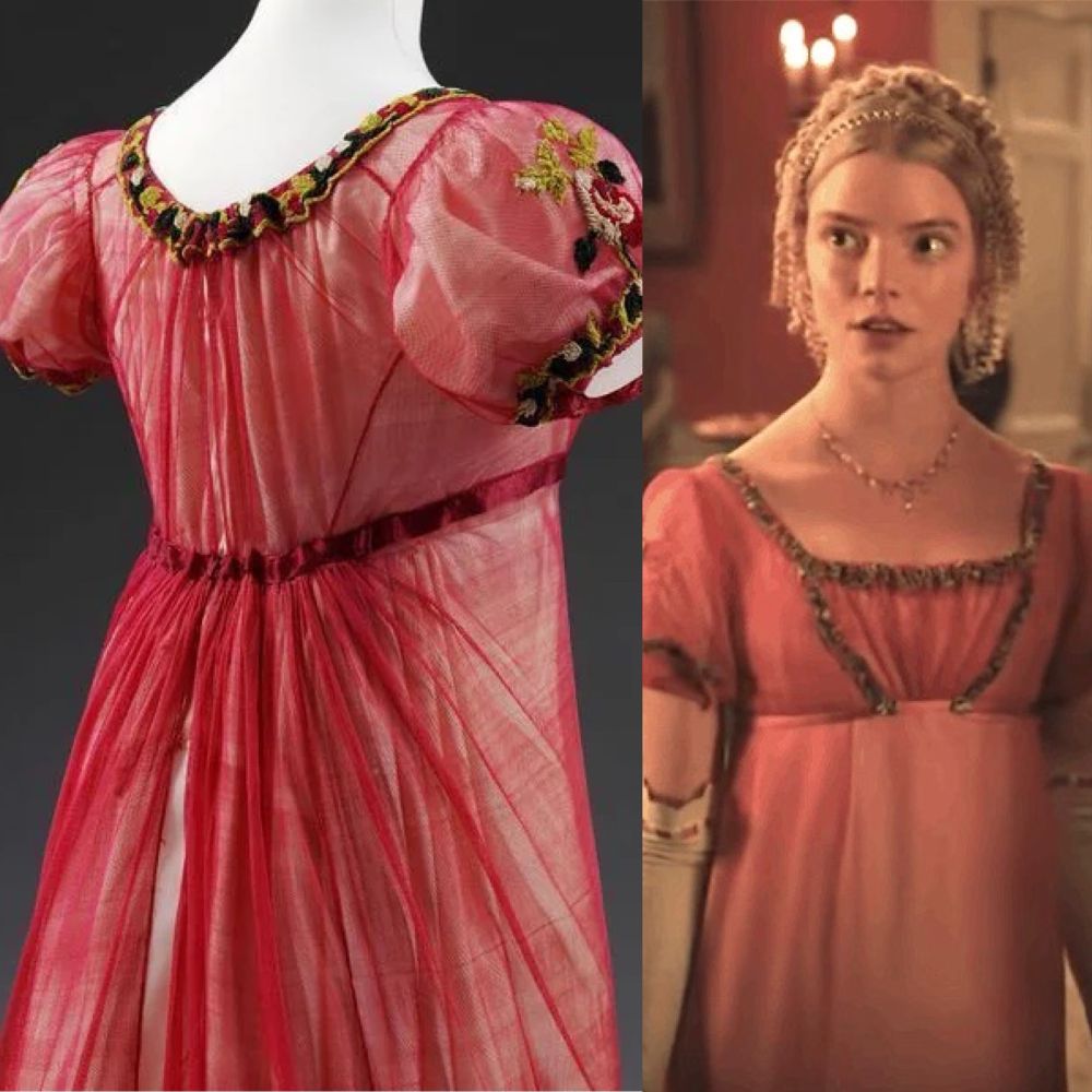 A side by side image showing the back of an 1810s evening gown in red gauzy silk with floral wool embroidery around the neckline and short puff sleeve next to a film still of Anya Taylor Joy wearing a reproduction of the dress for the 2020 adaptation of Emma