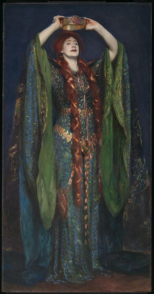 A portrait by Sargent of Ellen Terry wearing the green dress posed holding a crown above her head