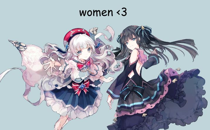 awakened hikari and awakened tairitsu from arcaea together on a light blue background. the text above them says "women <3" written in comic sans