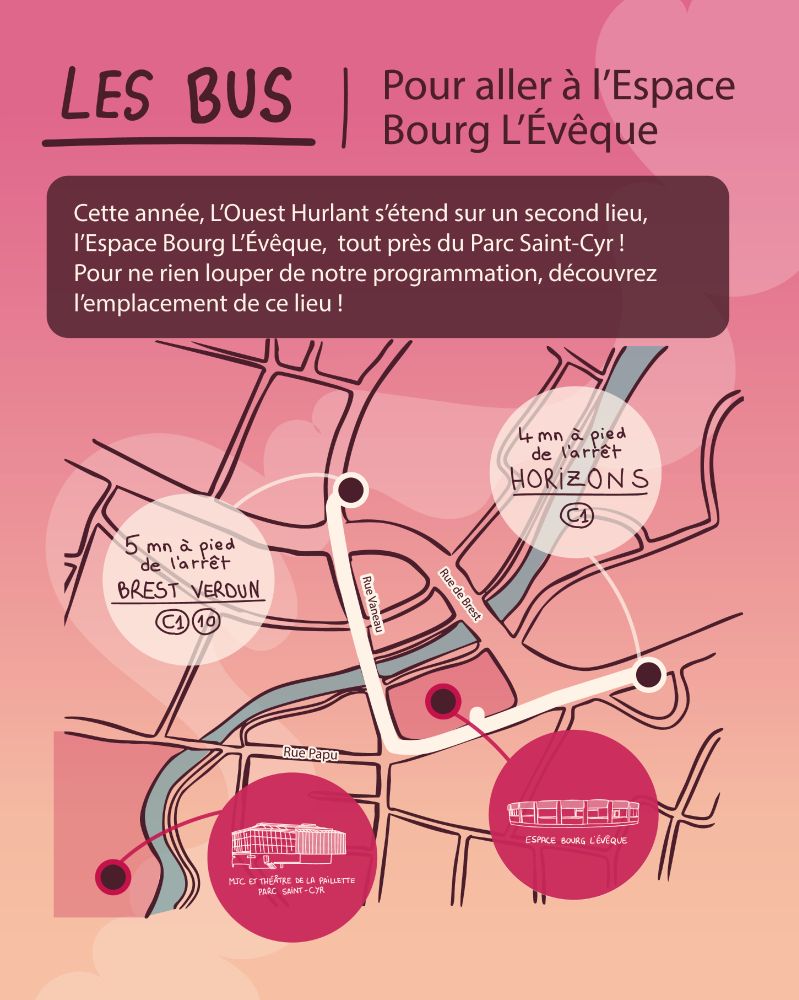 Les bus pour Bourg L’Évêque
Accès bus pour l’Espace Bourg L’Évêque (Parc Saint-Cyr)
Arrêts proches :
• Horizons (C1) – 4 min à pied
• Brest Verdun (C1, 10) – 5 min à pied