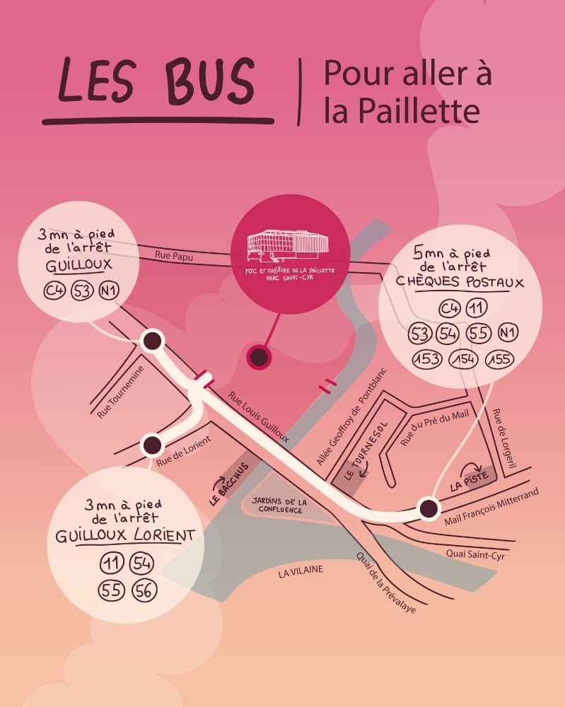 Accès bus pour La Paillette (Parc Saint-Cyr)
Arrêts proches :
• Guilloux (C4, 53, N1) – 3 min
• Guilloux Lorient (11, 54, 55, 56) – 3 min
• Chèques Postaux (C4, 11, 53, 54, 55, N1, 153-155) – 5 min