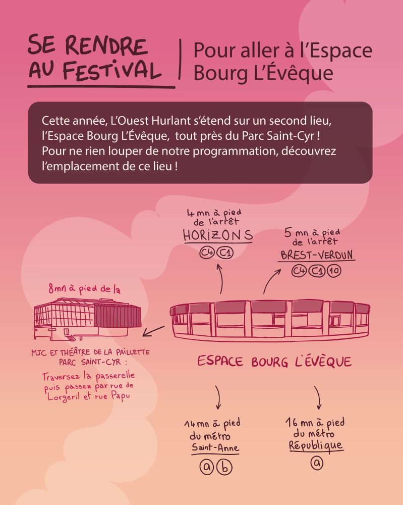 Se rendre à l’Espace Bourg L’Évêque
Nouveau lieu du festival : l’Espace Bourg L’Évêque
Arrêts à 4-5 min : Horizons (C4, C1), Brest-Verdun (C4, C1, 10). 8 min à pied depuis La Paillette via la passerelle.
Métro Saint-Anne (a, b) à 14 min, République (a) à 16 min.