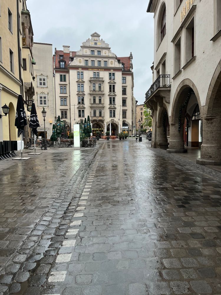 Courtyard with wet cobblestones and gray sky