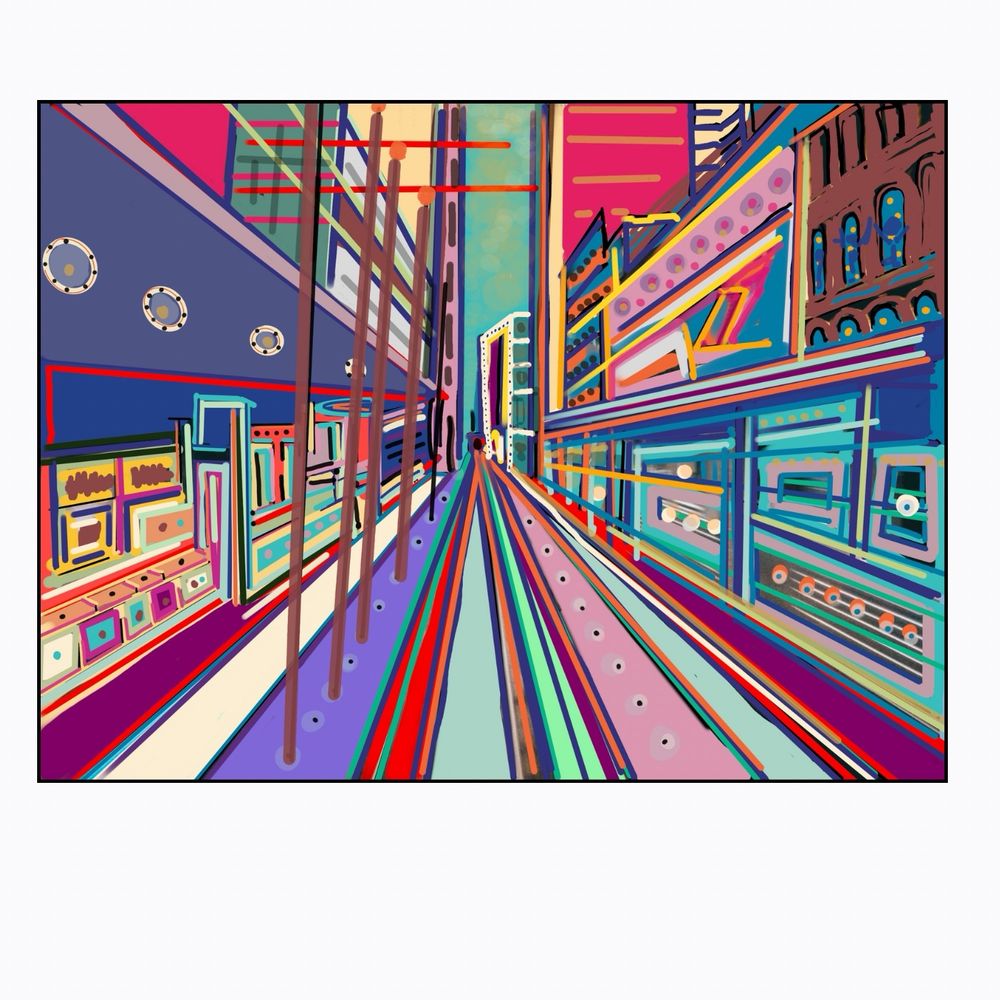 A colorful modernist rendering of an urban train station. 

