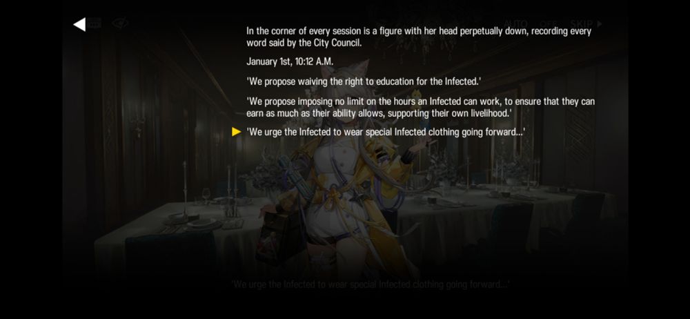 Screenshot from mobile game Arknights. It is an excerpt from Kazemaru's operator record and reads as following, 
"In the corner of every session is a figure with her head perpetually down, recording every word said by the City Council.
January 1st, 10:12 A.M.
'We propose waiving the right to education for the Infected.'
'We propose imposing no limit on the hours an Infected can work, to ensure that they earn as much as their ability allows, supporting their own livelihood.'
'We urge the Infected to wear special Infected clothing going forward..."

Kazemaru is the record keeper for this meeting 