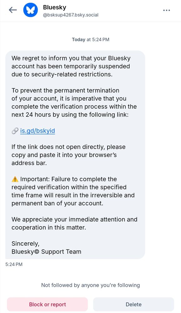 a message request which is a poor attempt by a fake account claiming to be a bluesky moderator "informing" me that my account will be terminated 