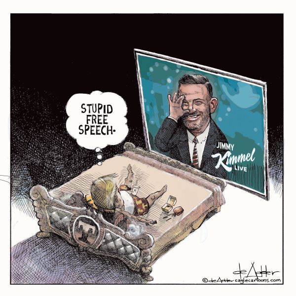 Image of dump in bed in front of a bis screen tv where Jimmy Kimmel is thumbing his nose while dump says stupid free speech