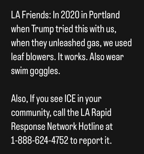 LA Friends: In 2020 in Portland when tRump tried this with us, when they unleashed gas, we used leaf blowers. It works. Also wear swim goggles.

Also, if you see ICE in your community, call the LA Rapid Response Network Hotline at 1-888-624-4752 to report it.
