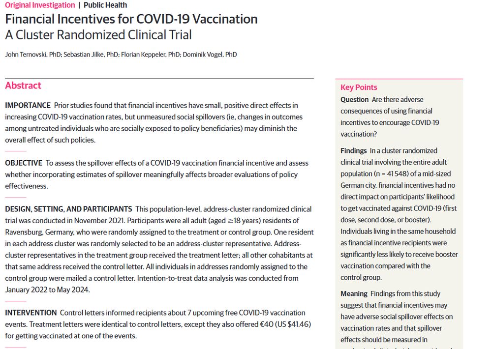 Financial Incentives for COVID-19 Vaccination
A Cluster Randomized Clinical Trial. See https://jamanetwork.com/journals/jamanetworkopen/fullarticle/2830030
