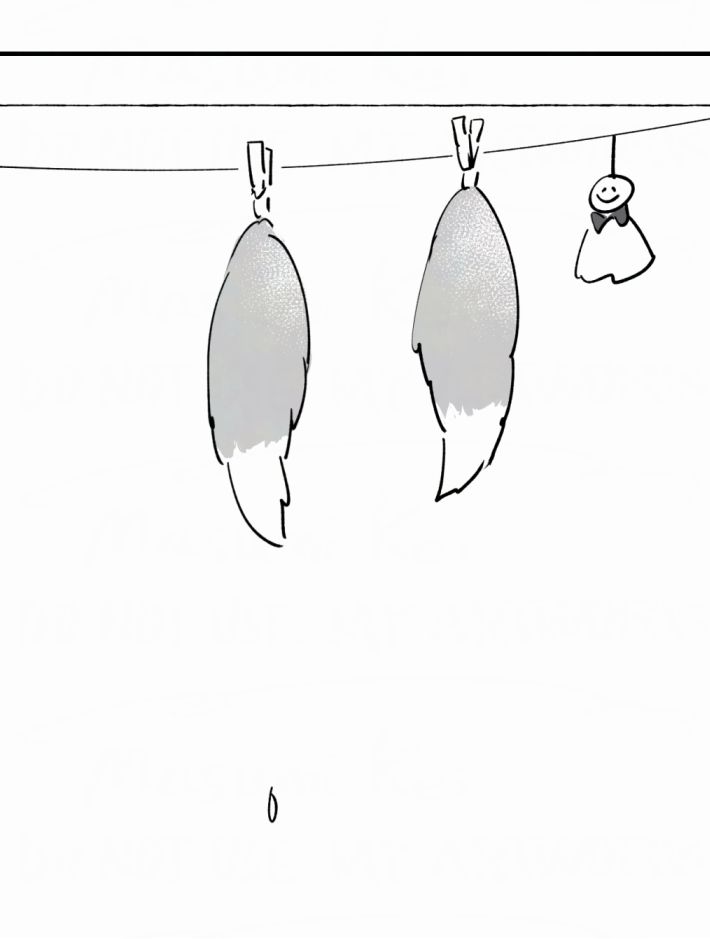 洗濯紐に干してある2本の尻尾と、てるてる坊主