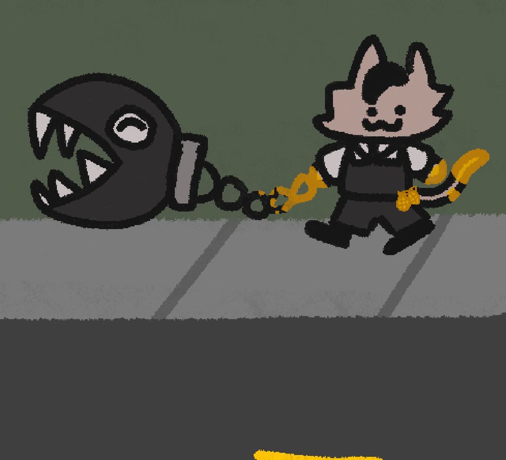 a doodley version of meowdas(anthro cat in a suit with gold hands and tail) walking a chain chomp. his hand is turning the chain part gold. they are walking along the sidewalk together