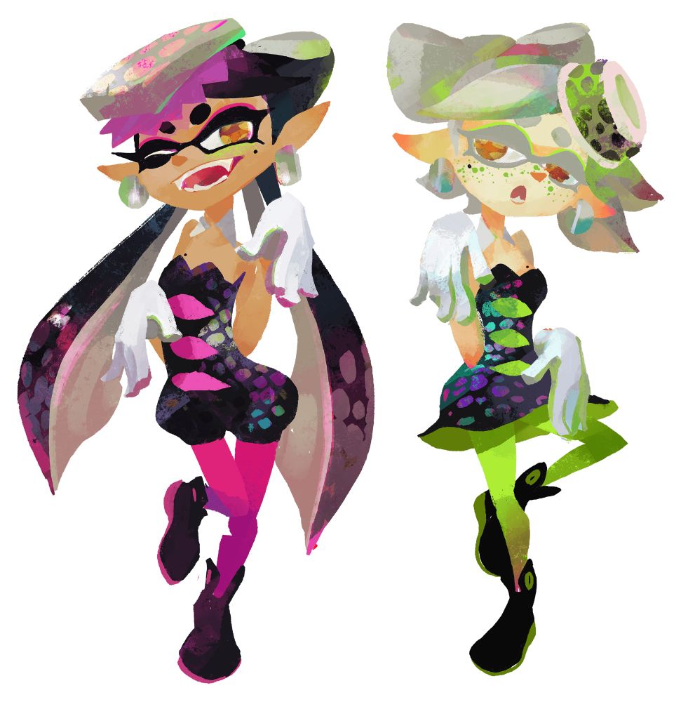 from left to right, callie and marie of the squid sisters.

in her updated design, callie has tanned skin and eyeshadow that matches her ink color (usually magenta). there is a lime green ink splotch scar under her left eye. another mole is shown on the top of her right breast.

for marie, she has freckles on her cheeks and eyeshadow that matches her ink color (usually lime green). her eyemask is grey, like her hair. another mole is shown on the top of her left breast.