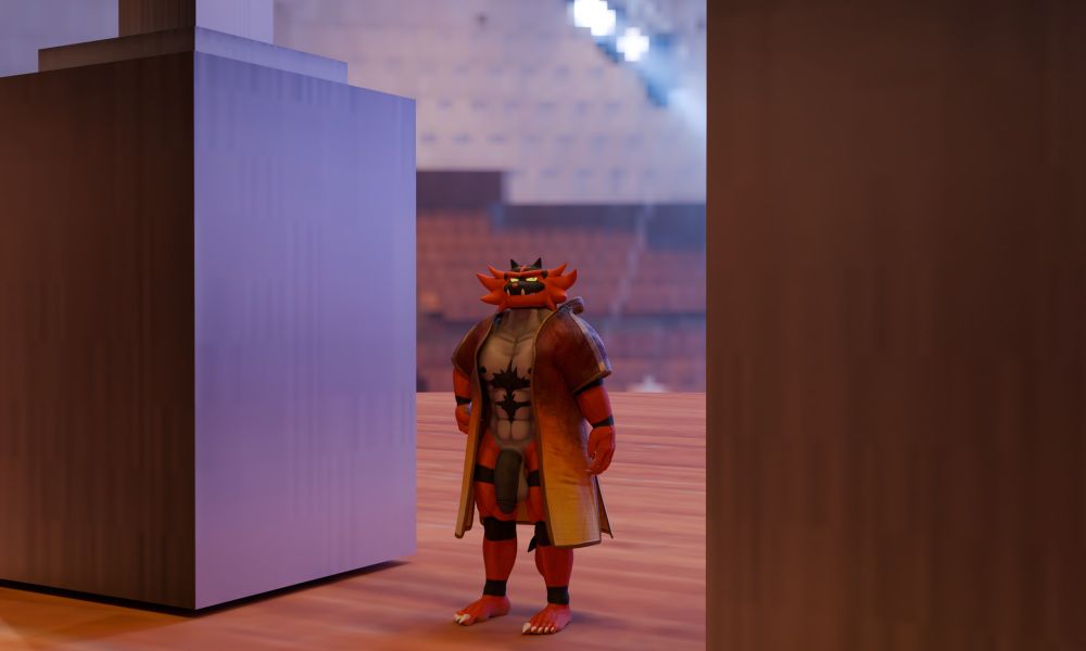 The camera pulls back on the half-naked incineroar, showing him standing between two wooden blocks on stage.