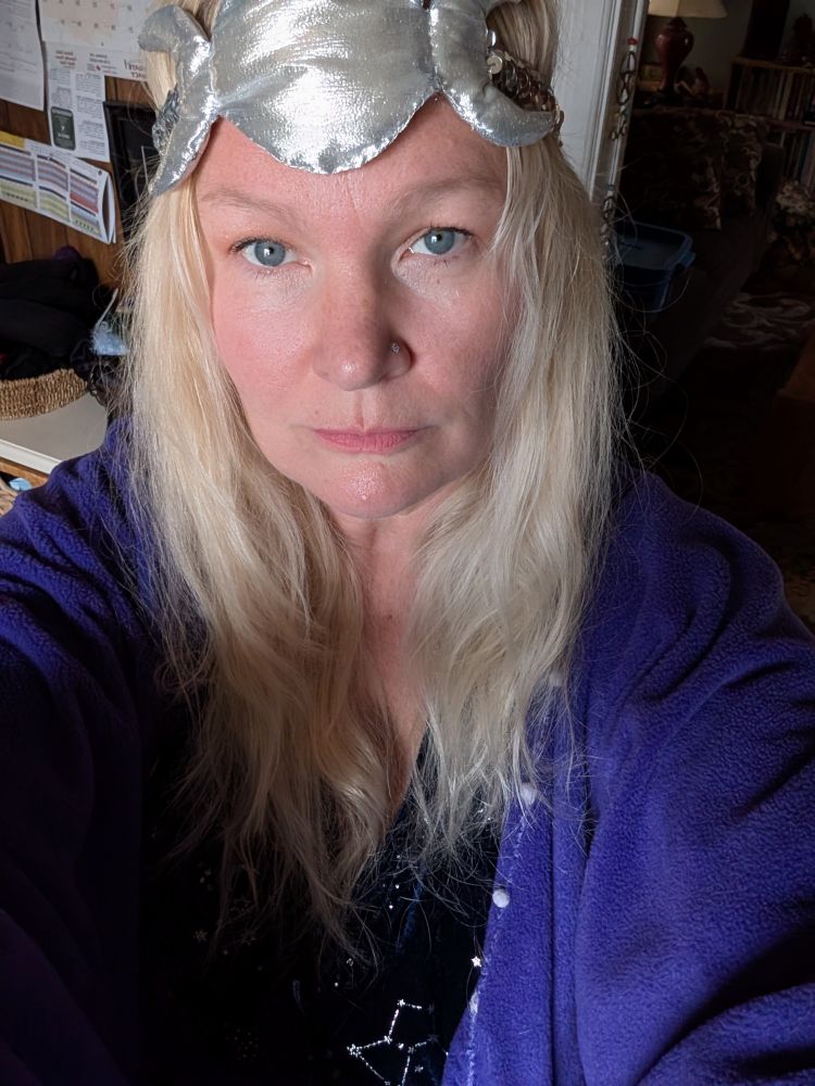 Halloween costume. Me in a dark blue velvet gown with silver stars and moons. A purple cloak over my shoulders and a silver fabric triple moon goddess crown on my head. My hair is long blonde & loose 
