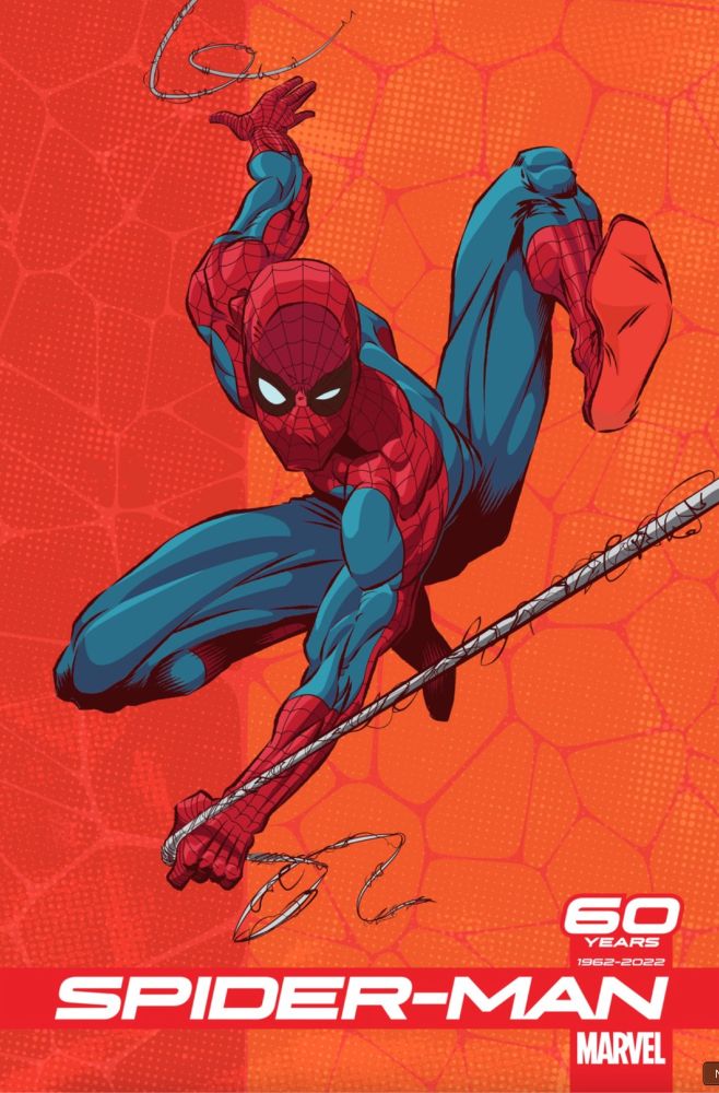 Spider-Man swinging toward the view on an orange web background.