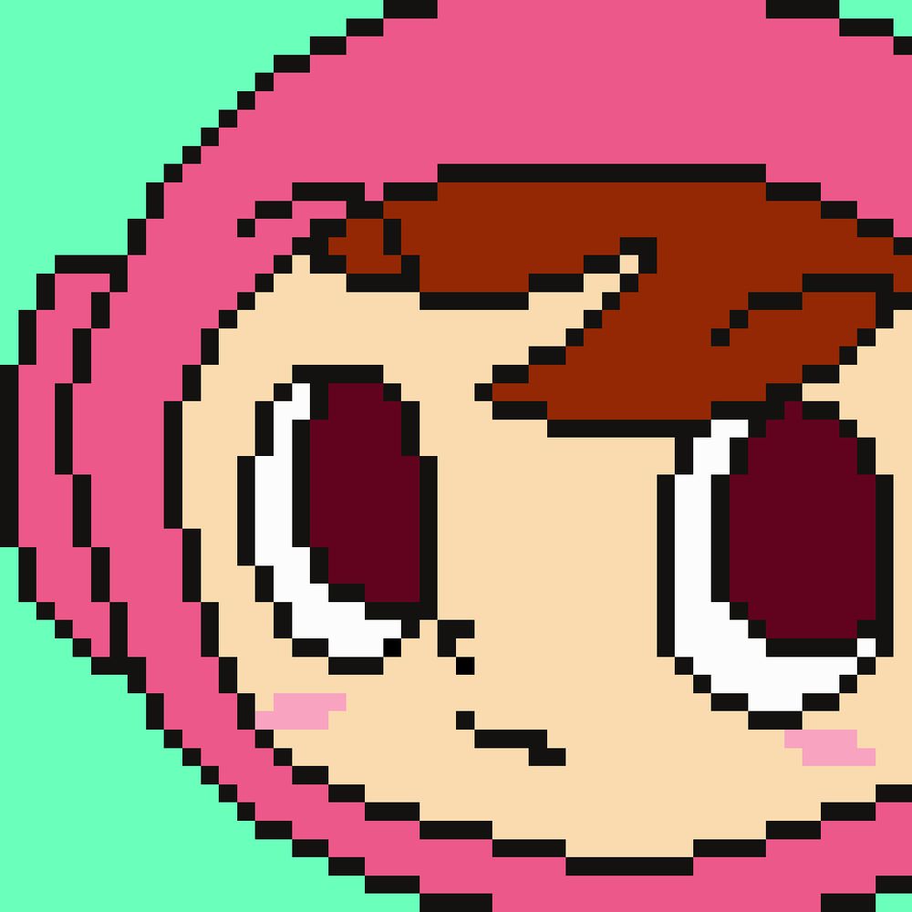 Pixel art do Mr. Driller, personagem de um jogo de puzzle do Dreamcast. Ele usa um capacete rosa, tem olhos meio avermelhado e cabelo castanho.