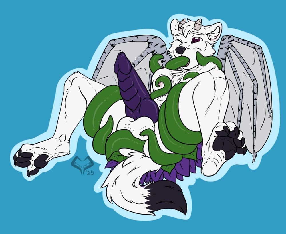 (The same image but colored) A genetically modified ermine withe birch wings and a lotus growing from his back is getting fucked by his own vines