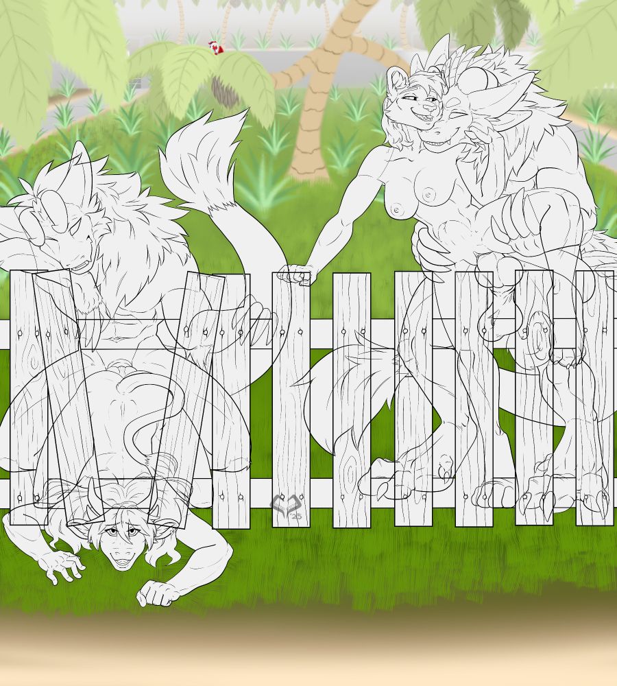 A cow got stuck in a fence by the beach and is getting fucked by a wickerbeast from behind while her friend, a cheetah, is getting her pussy pounded by another wickerbeast. The cheetah holds onto the fence as her partner holds up one of her legs.