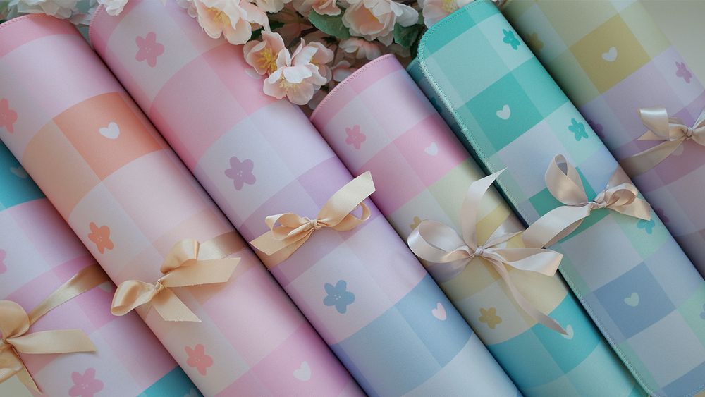 Rolls of pastel pride themed deskmats.