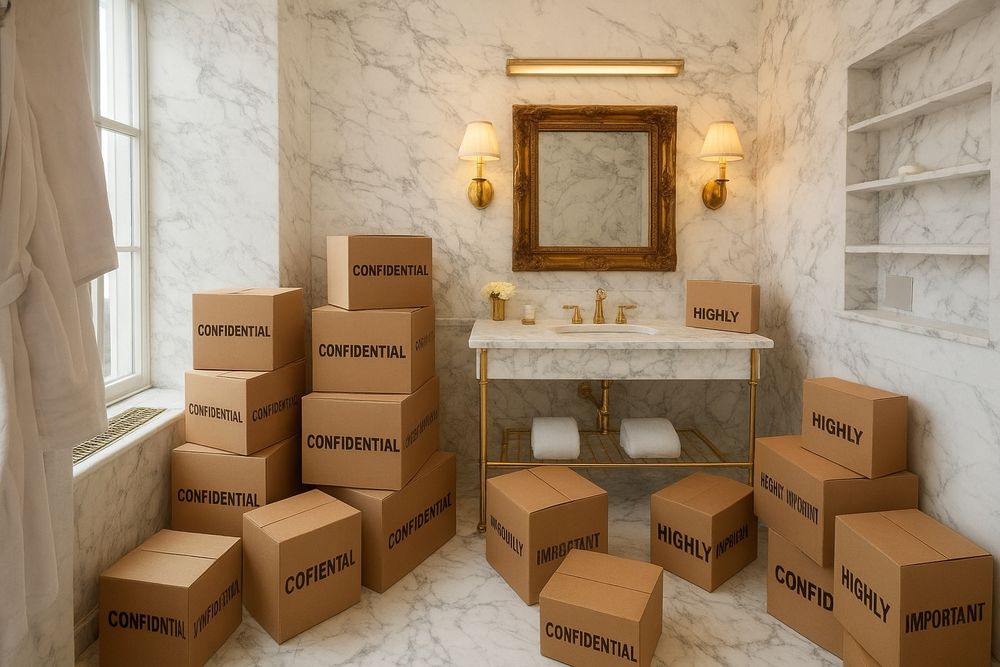 Image of newly renovated Lincoln bathroom full of boxes labelled 'confidential'.
