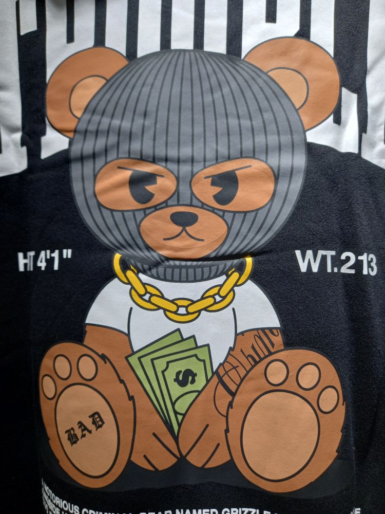 A graphic of a bear wearing a ski mask and a gold chain, holding money. It looks strict and mean. 