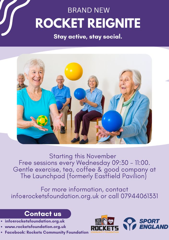 A flyer for the Rocket Reignite sessions at The Launchpad in Cramlington. Photo of a group of older ladies taking part in an exercise class.