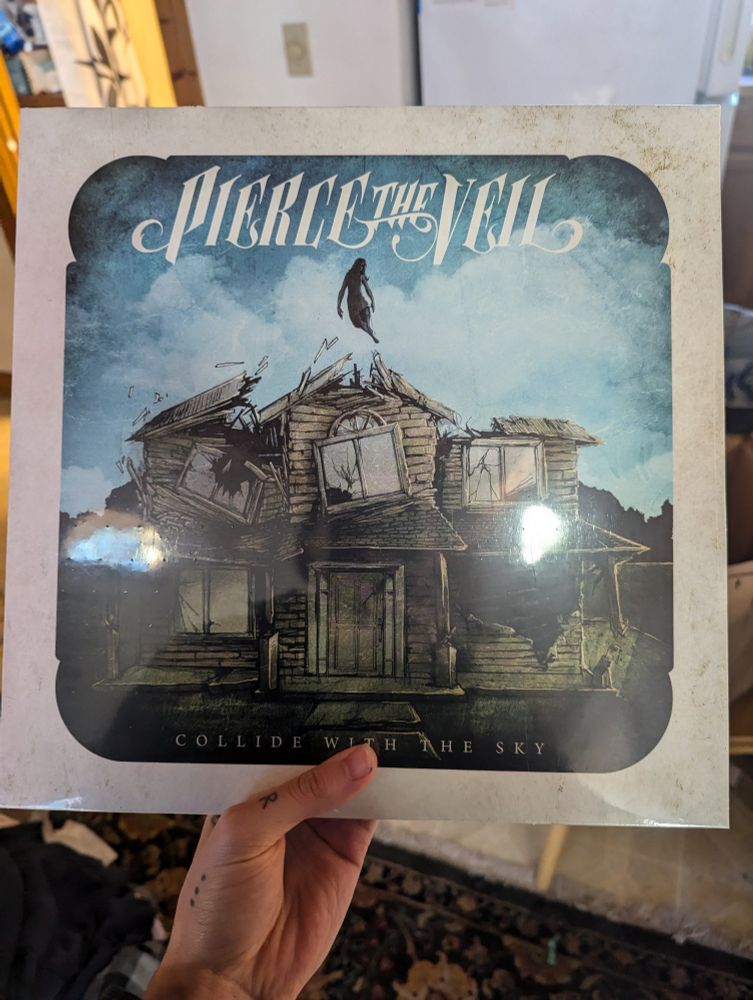 Trans Punk's left hand holding up the album "collide with the sky" by pierce the veil on vinyl