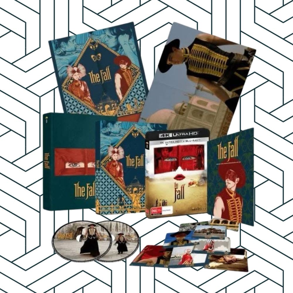 Umbrella entertainment 4K boxset of THE FALL with two discs. Art cards. A book of essays, interviews, behind the scenes. 

Featuring interviews with Lee Pace. Visual essays and commentary by Virat Nehru and Anton Bitel. 

Custom rigid case artwork
Custom slipcase artwork
8 artcards
A3 reversible poster
Limited Edition Numbered release
Audio commentary with director/producer Tarsem Singh
Audio commentary with actor Lee Pace, co-writer/co-producer Nico Soultanakis and co-writer Dan Gilroy. 
Book essays by myself, David Michael Brown, William Bibbiani. 
