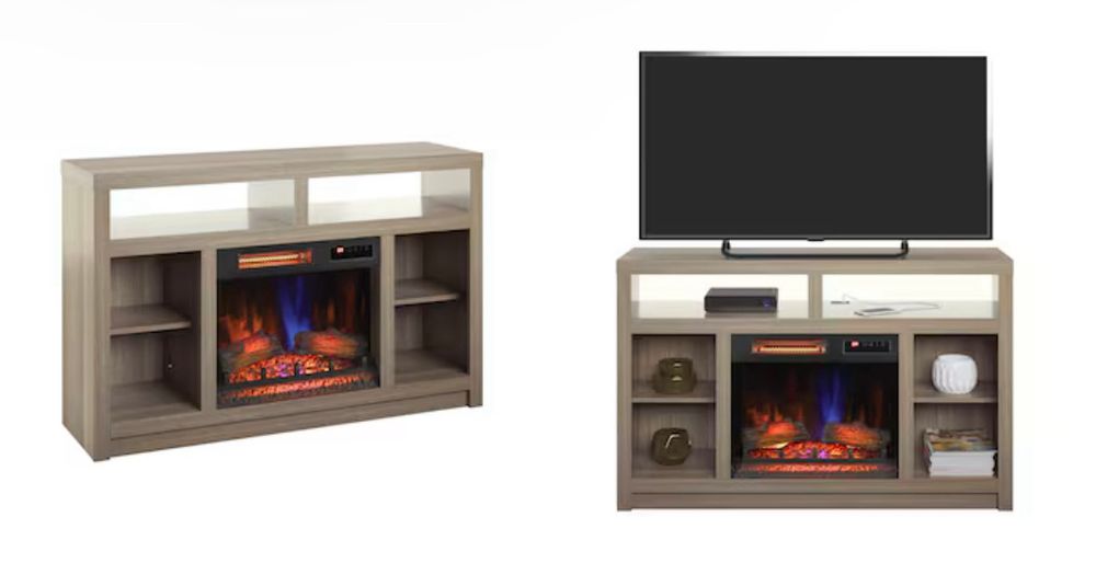 photograph of wide tv stand with a built in heater that looks like a fireplace