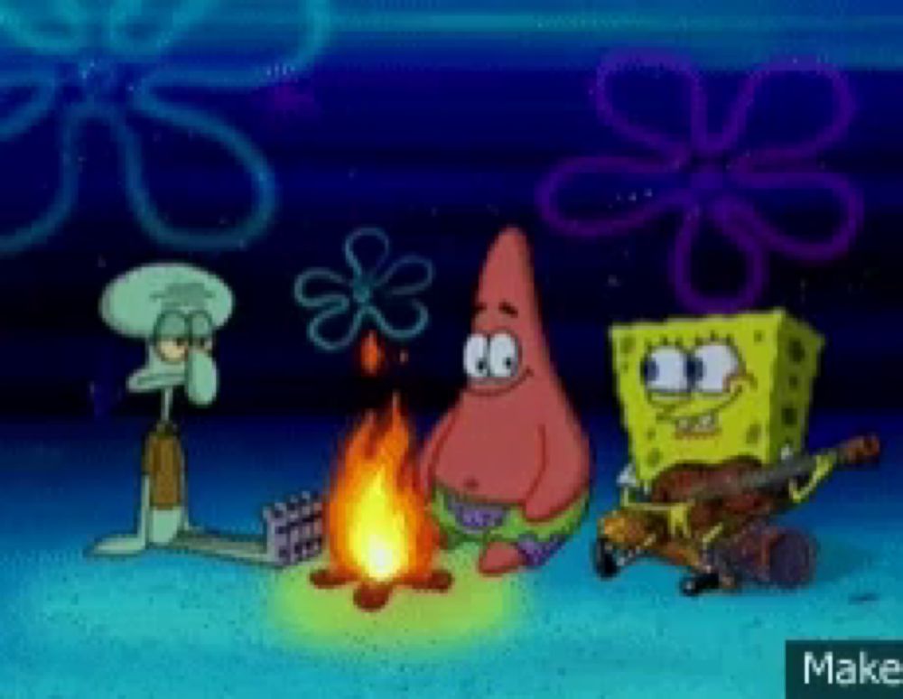 spongebob and patrick are sitting around a fire