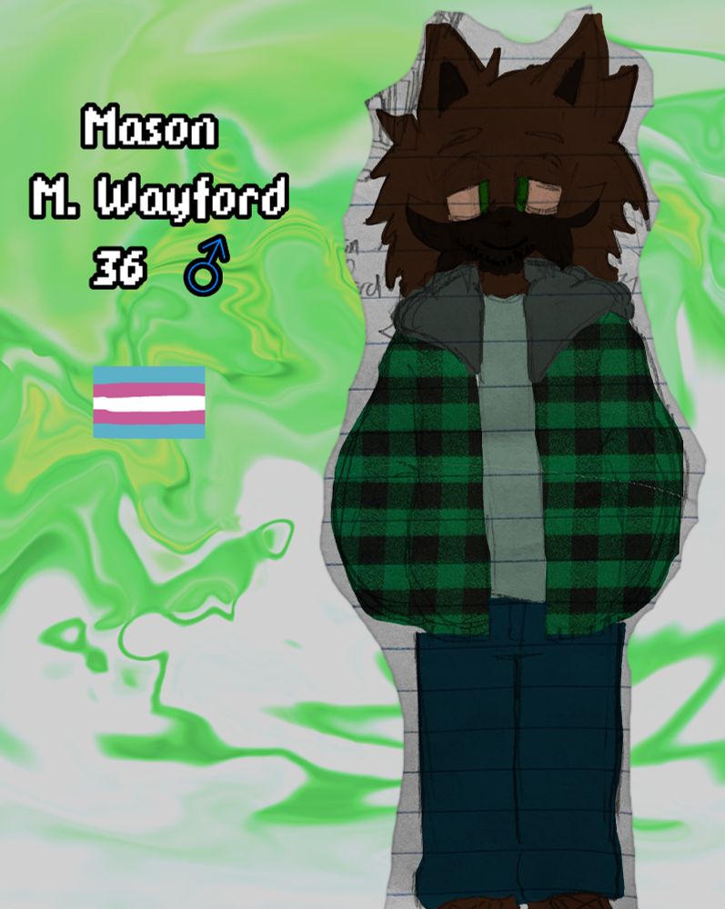 A brown wolf with long messy hair wearing a green plaid hoodie with a gray hood, gray shirt, dark blue jeans, and brown loafers. His eye whites have a subtle off-white color and his iris' are a forest green color. His name is Mason M. Wayford, he is 36 and transmasculine.